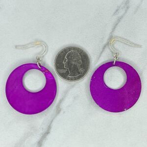Purple Mother of Pearl Shell Dangle Silver Tone Earrings Pierced Pair
